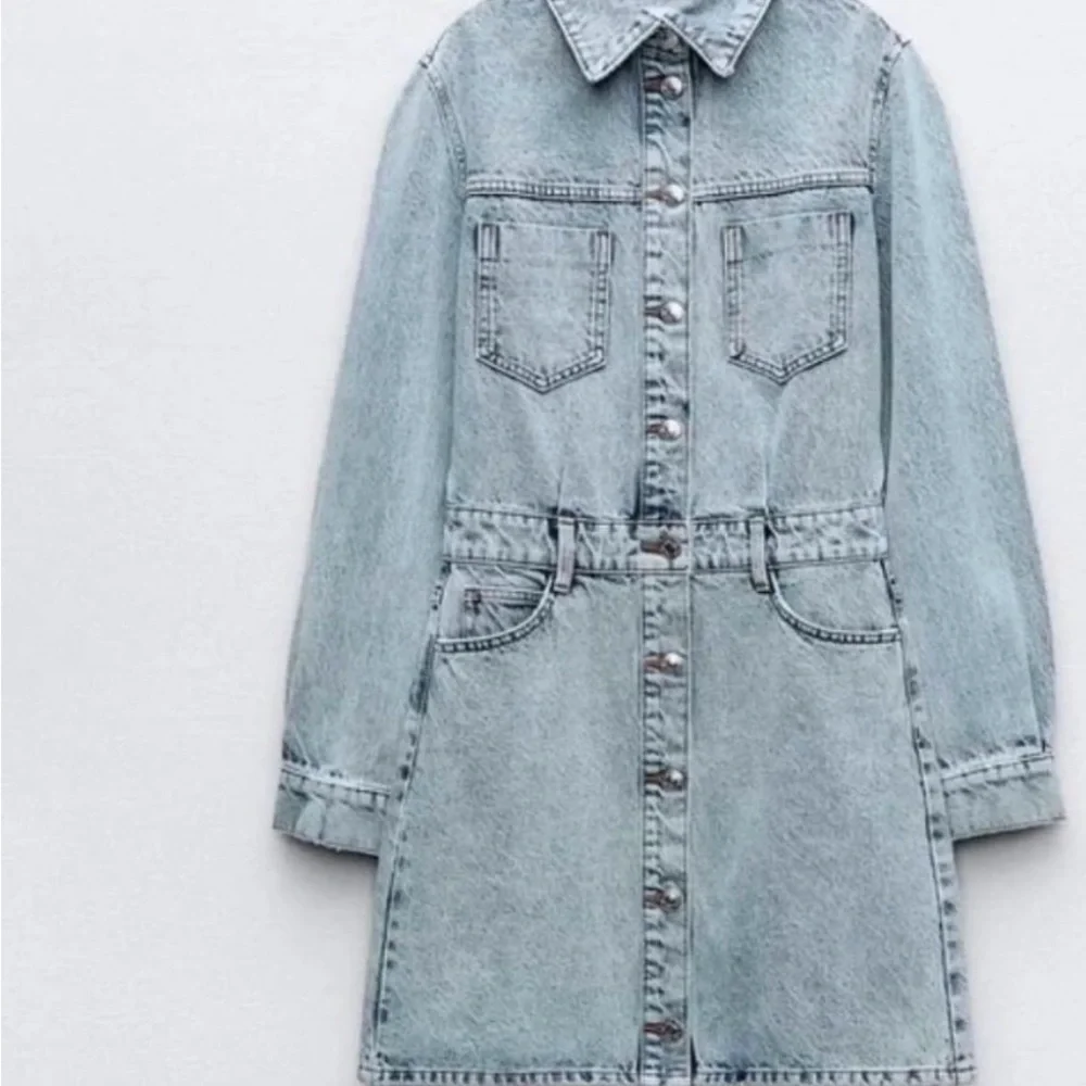 Zara Jeans Denim Long Sleeve Bruiser Stretch Frayed Mini Shirt Dress Sz M - Picture 3 of 11
